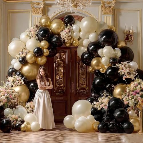 Image of Black White Gold Balloon Garland Double Stuffed, Pearl Sand Champagne Gold Balloons Cream Beige Balloon Arch Kit for Birthday Graduation Wedding Bachelorette Engagement Party Decorations
