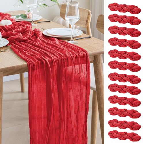 Asee'm 12PCS Fall Table Runner Cheesecloth 10FT Red Boho Gauze Fabric Rustic Sheer Cheese Cloth Runners for Thanksgiving Christmas Wedding Bridal Shower Party