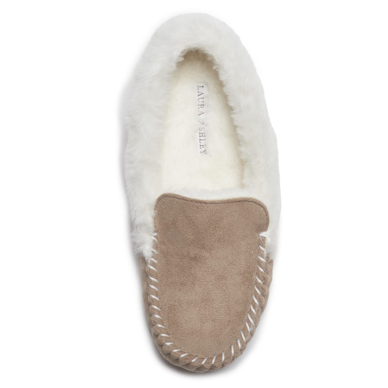 Laura Ashley Womens Micro Suede Memory Foam Moccasin Slippers Warm Fuzzy Rubber Bottom Indoor Outdoor Faux Fur House