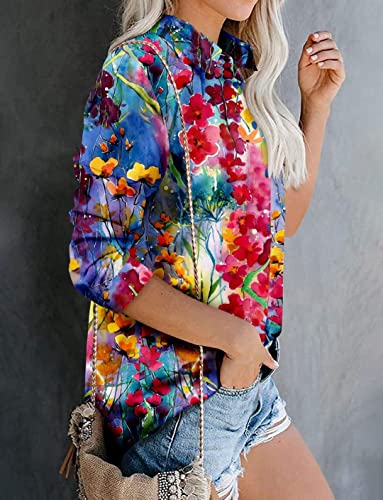 Magritta Womens Blouses And Tops Dressy Chic Flower Print Plus Size Button Down Cuffed Collared Long Sleeve Shirts Large #TOP2