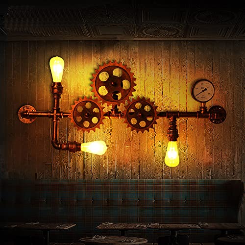 Klobvtt Retro Water Pipe Wall Sconce Industrial Wall Light Gear Triple Wall Lamp, Steampunk Wall Mount Lighting Fixture 3-lights Hardwired Sconces for Living Room Restaurant steampunk buy now online