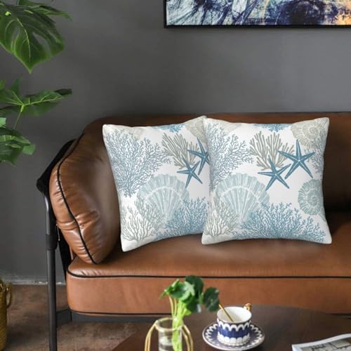 Tebjh Nautical Coastal Beach Pillow Covers 18x18 Set of 2, Ocean Themed Seashell Coral Starfish Throw Pillow Covers Outdoor Decorative Pillow Case for Couch Bed Sofa Cushion Home Decor - Image 7