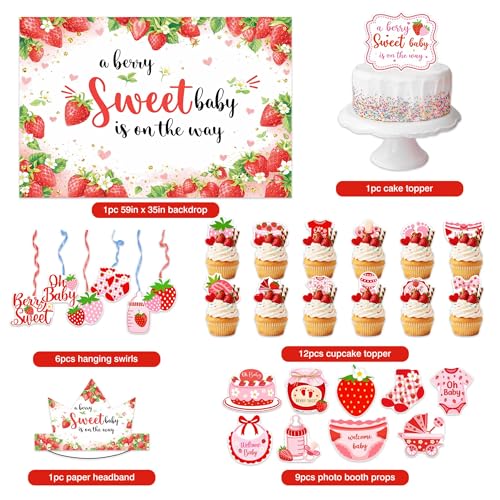 Allenjoy Strawberry Baby Shower Party Decorations Set with Backdrop, Headbands, Masks, Cupcake Toppers, Hanging Swirls and Photo Booth Props, Party Supplies and Favors by Allenjoy - Used condition - Image 2