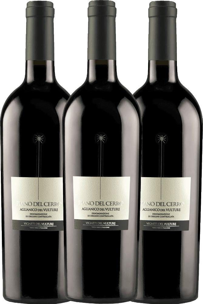 VINELLO 3er Weinpaket Rotwein - Piano del Cerro Aglianico del Vulture DOC - Vigneti del Vulture mit Weinausgießer | 3 x 0,75 Liter
