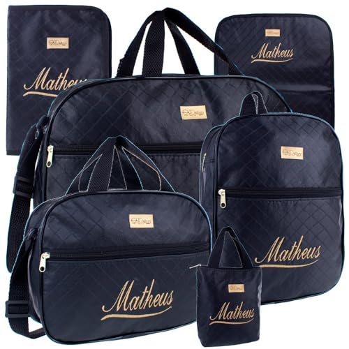 Kit Bolsas de Maternidade 6 Peças Personalizado com Nome - Versátil Moderno Menino/Menina (Preto Menino)