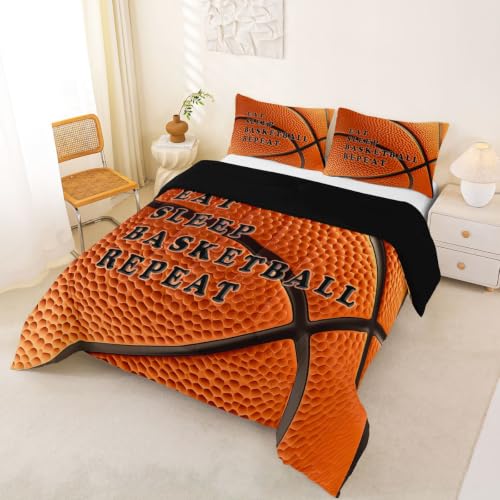 Image of Feelyou Basketball Comforter Set King Size Ball Pattern Bedding Set for Kids Boys Girls Eat Sleep Sports Theme Duvet Quilt Bedroom Decor Microfiber 3 Pcs with 2 Pillow Cases