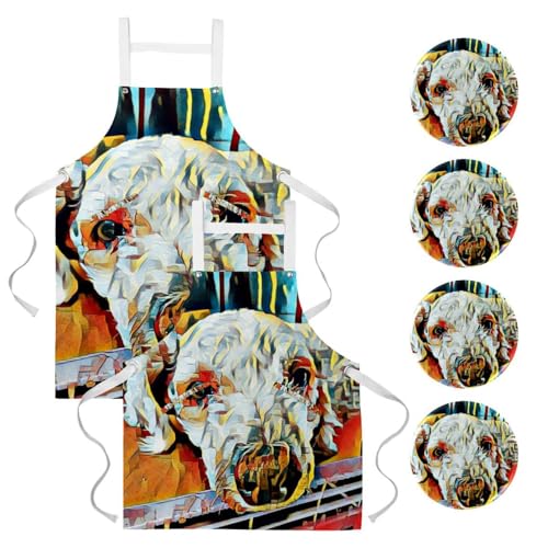 Lot de 2 tabliers de cuisine chien multicolore bistrot peinture abstraite