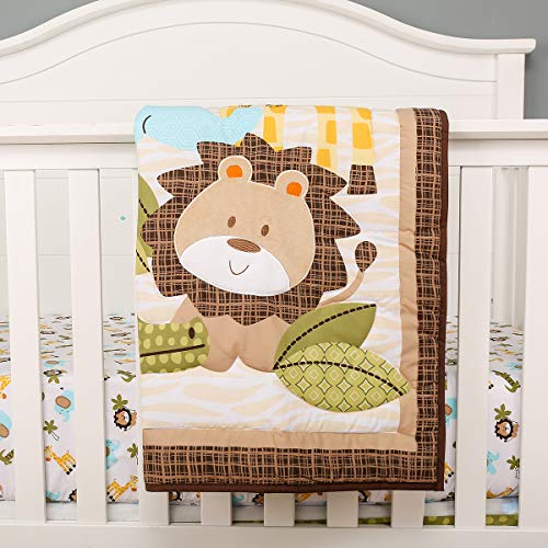 Image of Brandream Baby Crib Bedding Set Jungle Safari Baby Boys Nursery Bedding Set - Elephant Lion Giraffe Animal Crib Comforter Set, Fitted Sheet, Crib Skirt, 3 Pieces Green/Yellow/Mint/Taupe