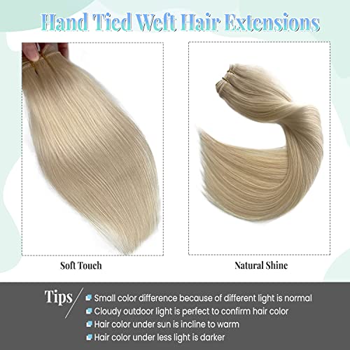 Image of Sew in Hair Extensions Real Human Hair, Blonde Weft Hair Extensions Human Hair, 14 Inch 80G Hand Tied Weft Hair Extensions Human Hair Bundles Weave Extensions for Women