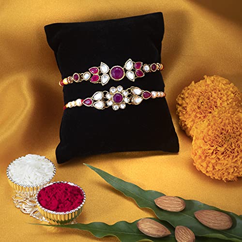 Image of Peora Rakhshabandhan Thread Rakhi for Brother Bhaiya | Kundan Beads & Crystal Studded | Combo Set of 2 | Rakhi Hamper Roli Chawal & Greeting Card