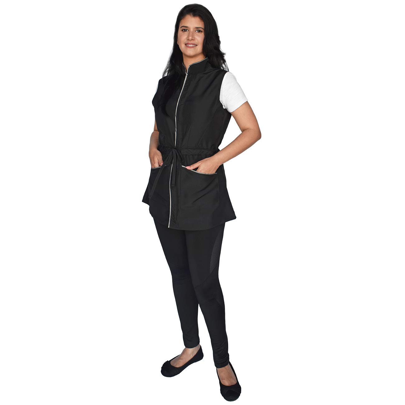 Betty Dain The Chelsea Vest, Poly/Nylon blend, Contoured Design with Contrast Trim and Drawstring Waist, Front Angled Pockets, Water and Hair Resistant, L: Beauty