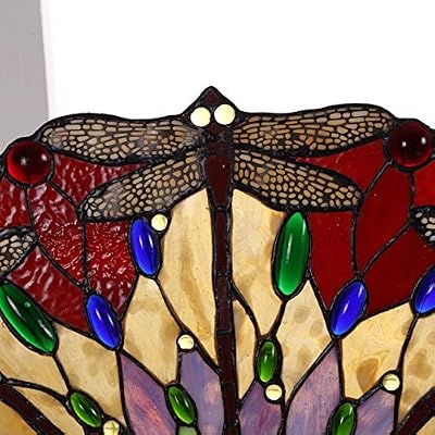 Bieye W10104 Dragonfly Tiffany Style Stained Glass Window Panel with Chain, Round Shape (Red, 15.75 Wide)