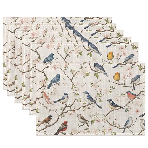 Cloth Placemats,Cute Birds Fabric Placemats Set of 6,Washable Spring Flowers Table Mats,Decorative Place Mats for Dining Home Kitchen Holiday Party 11.8x17.7 Inch
