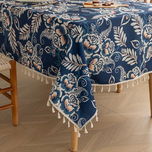 Erbnaryx Handblock Print Tablecloth for Square Tables,Fringed Edges with Blue