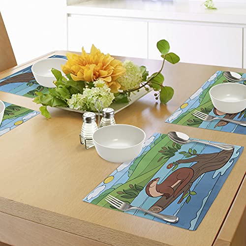 Lunarable Otter Place Mats Set Of 4, Vibrant Colored Cartoon Image Of Otter Sitting On A Tree Branch In Overflowing River, Washable Fabric Placemats For Dining Room Kitchen Table Decor, Multicolor #TOP3