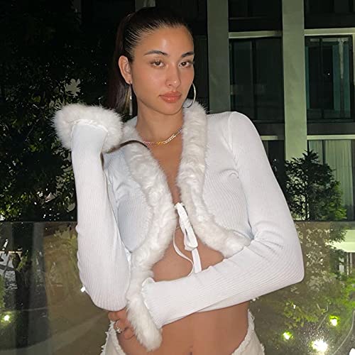 Women 'S Fluffy Knitted Cardigan Long Sleeve V Neck Fur Trim Crop Top Winter Bodycon Streetwear (B White, Large) #TOP1