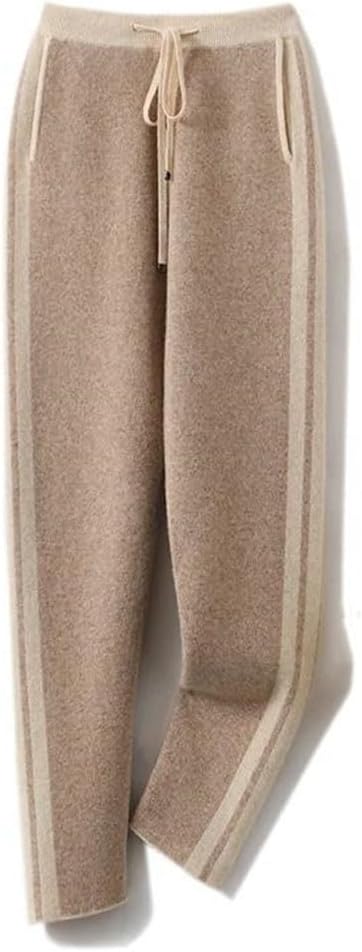 Women's Merino Wool Winter Pants - Elastic Mid-Waist Knit Pencil Trousers, Full-Length Warm Baggy Pants