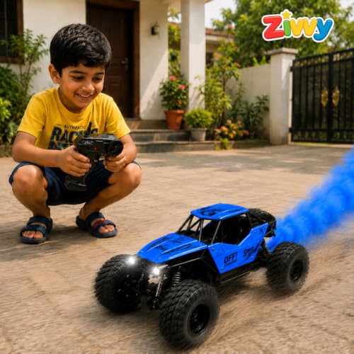 Image of Big Blue Remote Control Car | Rock Crawler | LED Headlight | Rechargeable Battery with Type c Charger | 100m Range | Smoke | Toy Car for Kids & Boys 7-14 Years | Birthday Gift for Kids
