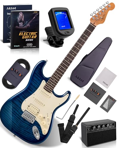 AKLOT Beginner Electric Guitar Kit: 10W Amp, Coil-Split HSS Pickups, Lesson Book, Roasted Maple Neck, Gig Bag, Tuner, Strap, Picks, Stryde Storm Blue