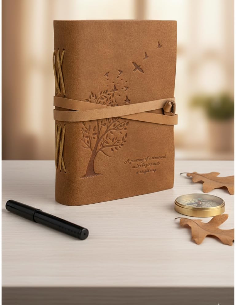Image of AccuPrints 240 Page Leather Size 5 b y 7 inch Travel Diary with Inspirational Quote, Vintage Craft Paper Notebook for Writing, Sketching, Scrapbooking, Compact Size with Strap Closure
