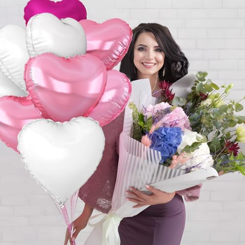 Image of Rose Heart Balloons,18inch Bright Pink Heart Shaped Foil Balloons & White Helium Mylar Balloon for Anniversary Wedding Engagement Birthday Party Baby Shower Decorations(12Pcs)