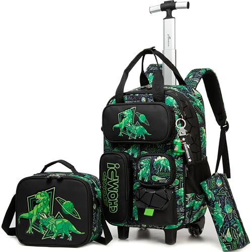 MYHSBYO Kids Rolling Backpack with Wheels for Elementary Preschool Students 16inch Boys Travel Luggage Carry on Backpack for Boys Ages 6-8 Dinosaur