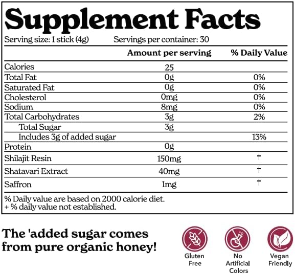 Miniatura 2 de Palitos de miel Shilajit para mujer con shatavari y azafrán para equilibrio hormonal, concentración y resistencia, palitos de miel de fresa