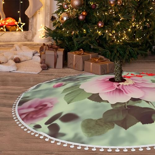 Jupe de sapin de Noël 122 cm rose vintage rustique à pompons double couche - 7