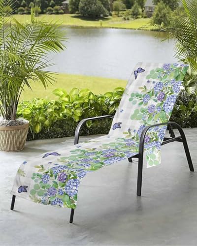 Blue Flower Beach Chair Towel Covers for Chaise Lounge with Side Pocket, Soft Plush Pool Towels Cover for Patio Sunbathing Outdoor 29''x85'' Green Eucalyptus Spring Botanical Plant Plaid