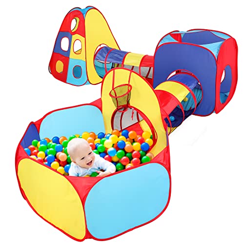 5-Piece Kids Ball Pit Tents and Tunnels, Creative Play Tent for Kids with Crawl Tunnel Toy, Lightweight Pop Up Toddler Playhouse Tent - Easy Carrying Toys for Boys Girls Babies Infants Children