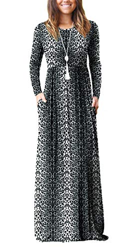 VIISHOW Women s Long Sleeve Leopard Floral Dress Loose Plain Maxi Dresses Casual Long Dresses with Pockets(Snow Leopard,3X-Large)