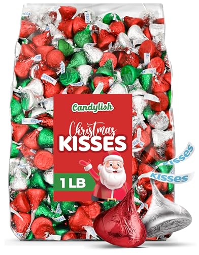 Holiday Kisses Milk Chocolate Christmas Colors, 1 lb Bulk Bag (Approx. 95 Pieces) – Red, Green, and Silver Foil Wrapped Chocolate for Holiday Parties, Stocking Stuffers, Candy Bowls, and Baking