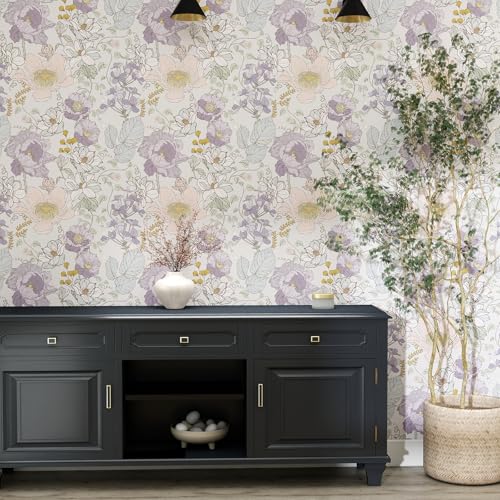 GloryTik Peel and Stick Wallpaper Vintage Purple Floral Contact Paper, Removable Self Adhesive Wall Paper for Bathroom Bedroom Cabinets Retro Boho Vinyl Roll 17.3" x 120" — view 5