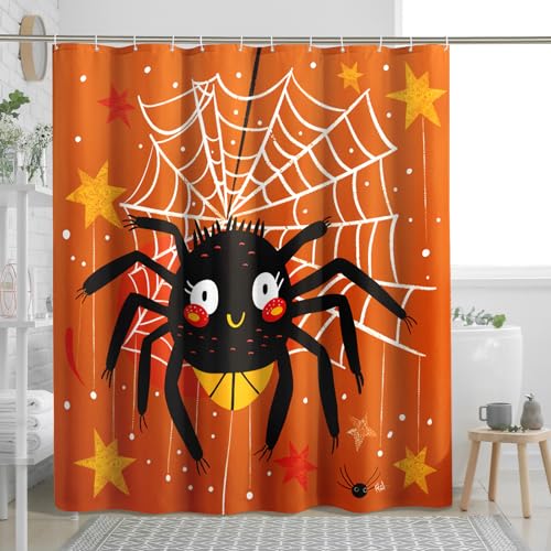Rideau de douche motif araignée, rideau de douche Halloween orange noir sur toile d'araignée pour décoration de salle de bain, ensemble de rideau de douche amusant en tissu imperméable pour enfants