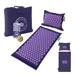 Acupuncture Mat and Pillow Set – Purple Color Acupressure Mat and Pillow, Premium Quality Spike Mat, Accupressure Body Mat Includes Bonus: Cork Ball, Acupressure Brochure, Convenient Tote Bag