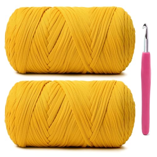Image of 2 Pack Soft Tshirt Crochet Yarn, 800g /228yds High Elastic Hand Knitting Yarns, Thick T Shirt Yarn for Crocheting Bags, Baskets, Cushions, DIY Crafts(2 Golden)
