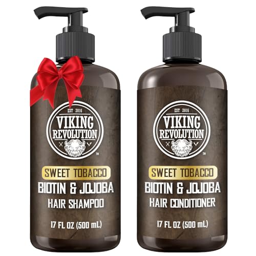 Viking Revolution Sweet Tobacco Mens Shampoo and Conditioner Set with Biotin and Jojoba Oil - Natural Hair Shampoo and Hair Conditioner for Men with Vitamin B5 - Mens Shampoo for Thinning Hair (17Oz)