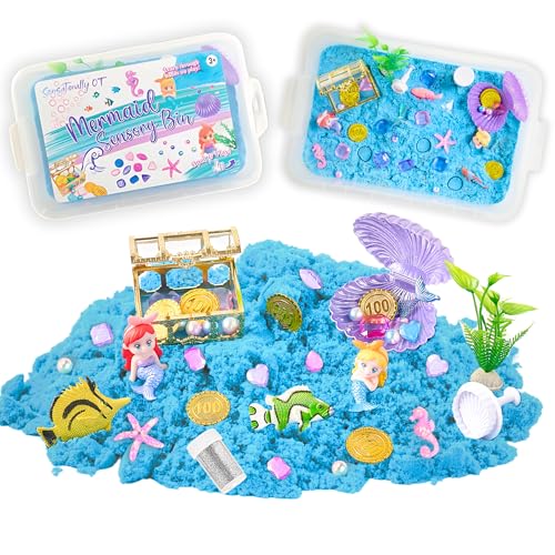 Sensationally OT 38 PCS Mermaid Sensory Bin with 2 lb Magic Sand Ocean Molds & Treasure Accessories Creative Sand Play Gift for Girls Ages 38