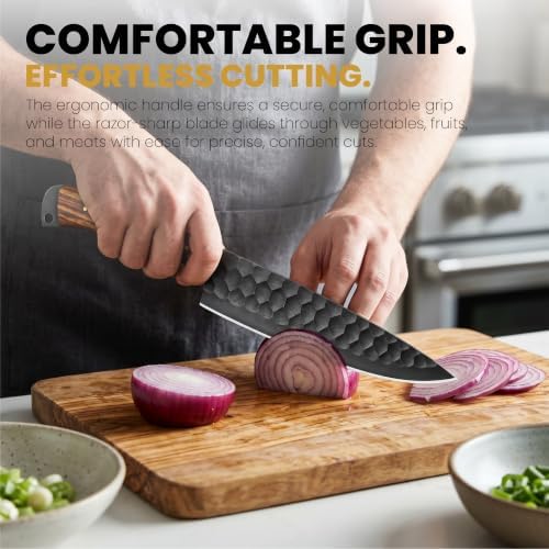 Handmade Chef Knife Set, Hand Forged Meat Boning Carving Cleaver Butcher Knife, High Carbon Steel Japan Nakiri Santoku Knife Set for Kitchen, BBQ Camping Knives Set with Roll Leather Bag — view 4