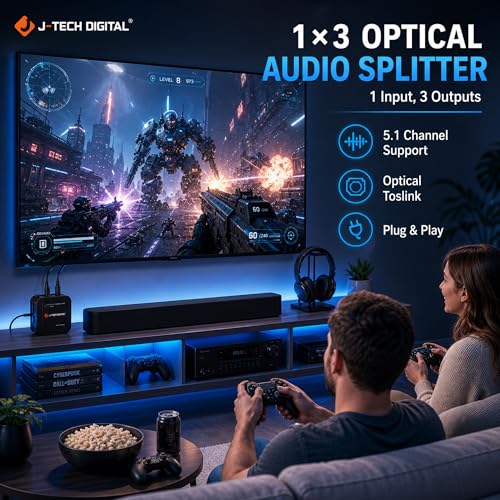 Image of J-Tech Digital 1x3 Optical Audio Splitter, 1 in 3 Out Toslink SPDIF Digital Audio Splitter for TV, Soundbar, Home Theater, Digital Audio 5.1 LPCM2.0, Plug and Play [JTD-SP0103]