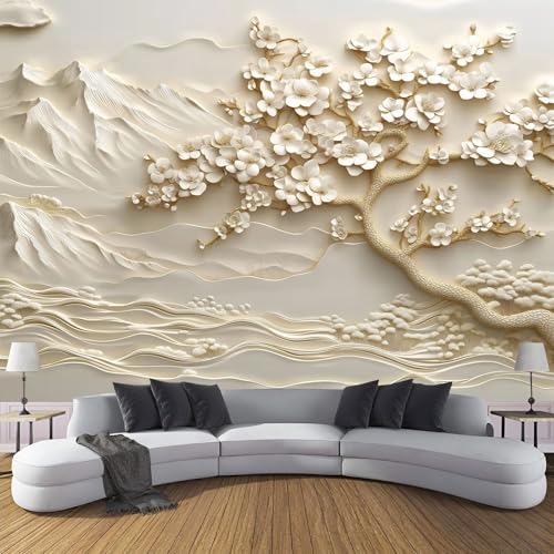 Carta Da Parati 3D Effetto, Moda Design Piante Classiche Fiori Bianchi Fotomurali in TNT Rilievo Montagne Fotomurale Beige Moderna Decorazione da Parete per Camera da Letto Soggiorno 150×105cm