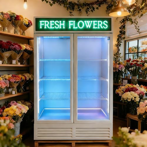 Image of Commercial Flower Refrigerator Floral Display Cooler,White 2 Glass Doors Fridge With LED Light Adjustable Shelves,ETLSanitation Approval,40 inch Wide, Adjustable Shelves & Wheels Included
