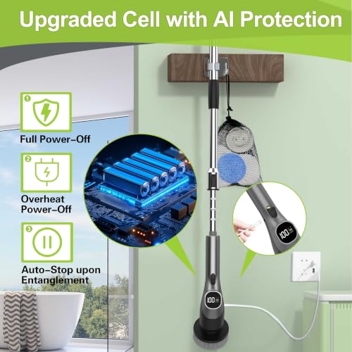 Image of WKY-Electric Spin Scrubber - 10-in-1 Cordless Shower Scrubber & Cleaning Brush with Extendable Handle, 42 in-lbs Ultra High Torque, 2 Speeds, IPX7, LED Display, Smart AI Chip, for Bathroom, Kitchen