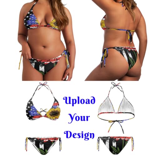 Custom Photo Bikini Swimsuit, Novelty Ladies Sexy Swimwear Halter Thong Triangle Tie Back Personalized Summer Set, Customized Pattern Text Logo All-Over Print Women's Two Piece4