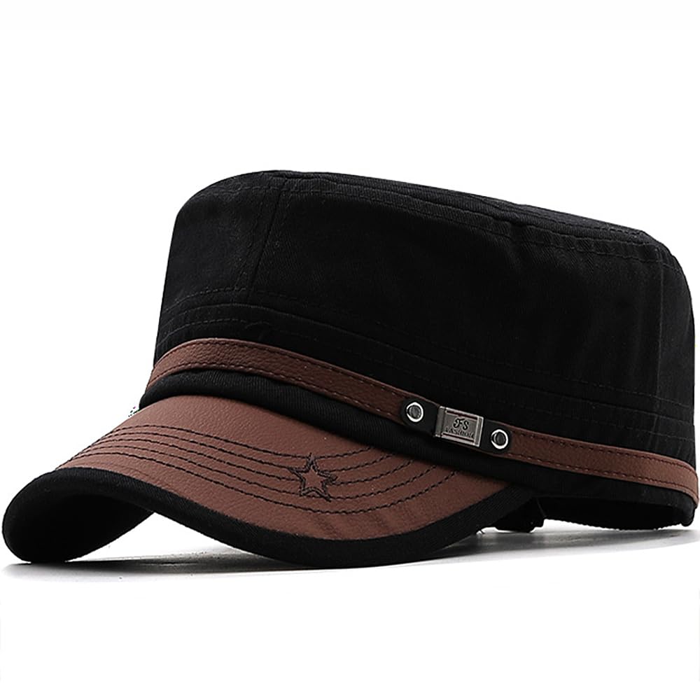 Cadet Army Cap for Men Women Military Adjustable Unisex Flat Top Hat, Black, One size