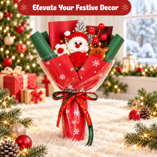 Image of Christmas Crochet Flower Bouquet with Santa & Reindeer, Handmade Xmas Gift