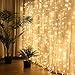 Window Curtain Lights, 600 Led 20 Feet Dimmable with Remote to Set 8 Lighting Modes and Timer for Bedroom Wall Wedding Decorate String Lights, Warm White