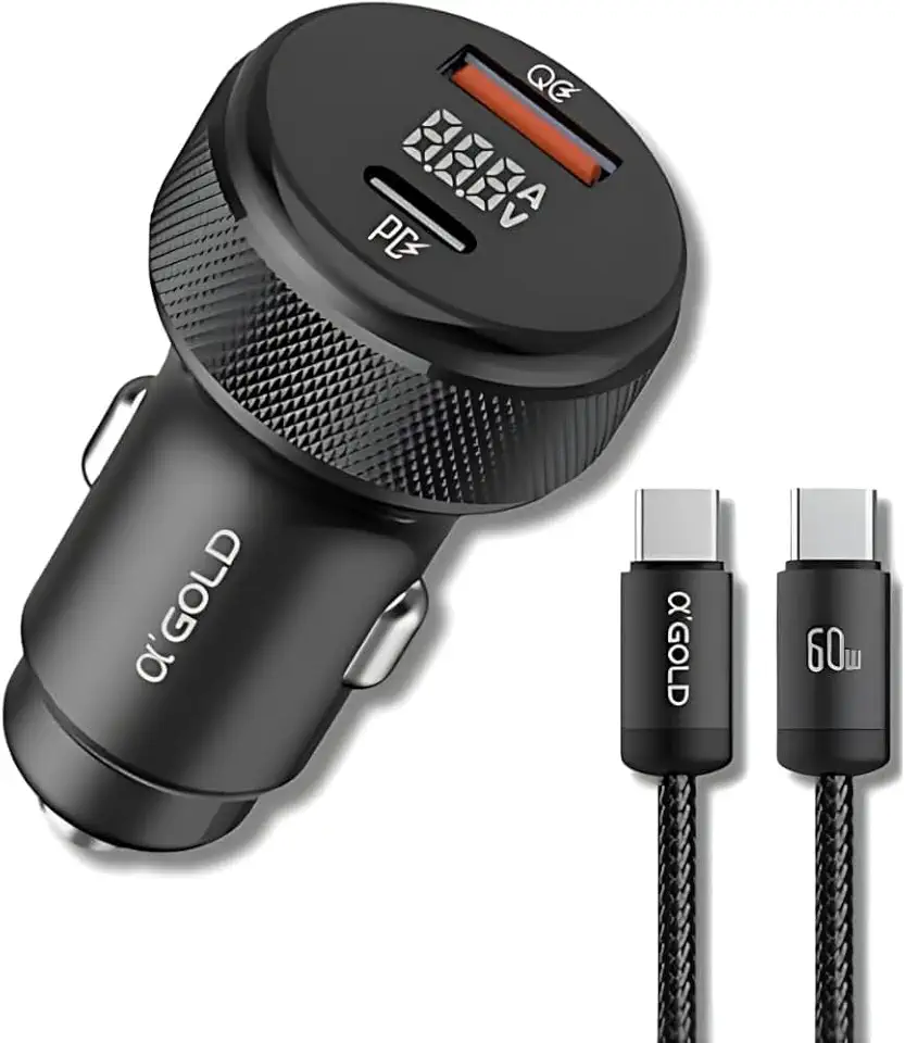 Carregador Veicular Turbo 60W com Cabo USB-C – Carregamento Rápido PD + USB 3.0, 2 Portas, 9.1A, Adaptador Automotivo Universal para Celular Android e iOS