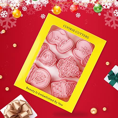 6 Pcs Christmas Cookie Cutter Stamp Set, FUKPO Cartoon Fun Pastry Biscuit Moulds 3D Embossed Cookie Cutters Shapes Plastic, Christmas Tree Reindeer Stocking for Kids DIY Baking Christmas Decorations