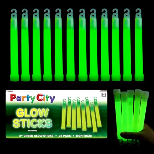 Party City Green Glow Sticks Bulk Pack 6- 25pk Glow in the Dark Sticks for Kids Waterproof Camping Survival Ultra Bright Emergency Light Stick with String Neon Glowsticks Party Supplies Favors